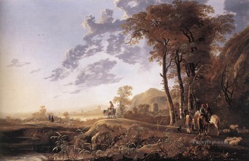 Paysage de soirée avec Horsemen And Shepherds campagne paysage peintre Aelbert Cuyp Peinture à l'huile